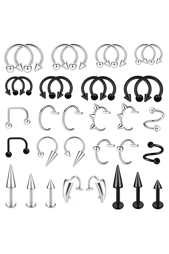 36Pcs 16G Stainless Steel Lip Rings for Women Men Snake Bite Piercing Labret Jewelry Monroe Barbell Spike Nose Stud Lip Rings
