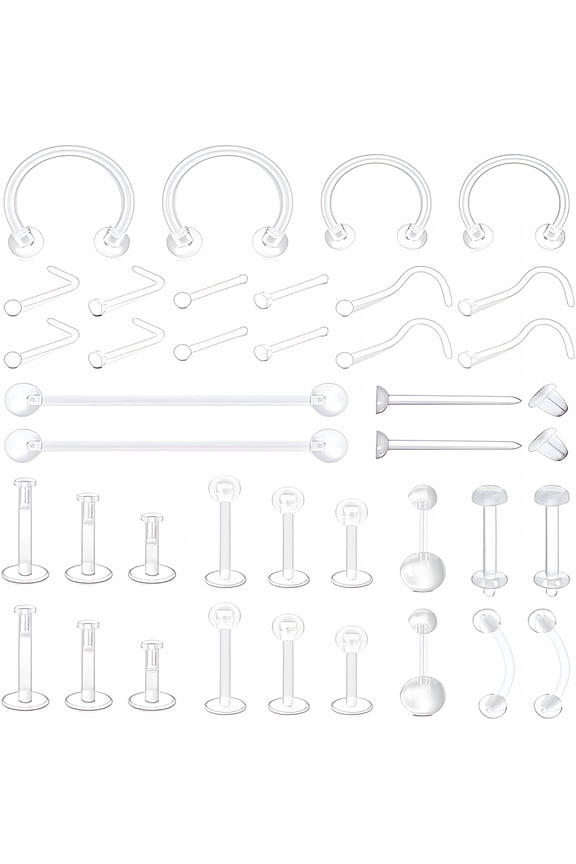 38Pcs Clear Piercing Retainers for Surgery Nose Rings Belly Rings Septum Eyebrow Lip Cartilage Tragus Earring Retainer Industrial Bar Plastic Piercing Jewelry for Work