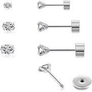 DESIGNICE 3Pairs Cz Stud Flat Screw Back Earrings for Women Multiple Piercing,Dainty Flatback Cubic Zirconia Cartilage Earring Stud,Helix Tragus Conch Piercing Jewelry