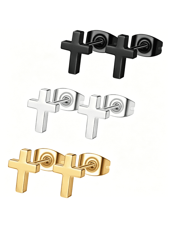 3Pairs Stainless Steel Cross Earrings for Women Men-Hypoallergenic Tiny Dainty Studs,Lightweight&Comfortable Daily Wear