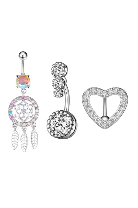 3Pcs 14G Belly Button Ring Surgical Steel Heart-Catcher Cz Belly Rings-Dainty Belly Button Rings-Silver