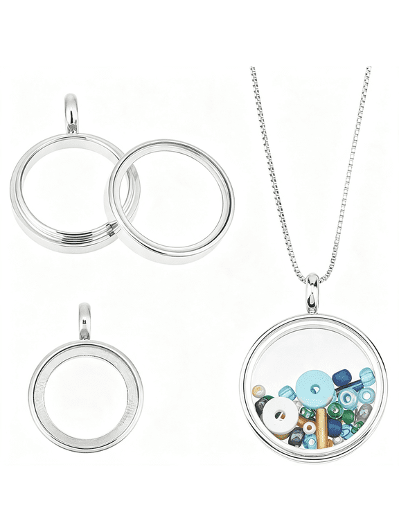 3Pcs 3 Sizes Round Locket Pendant Stainless Steel Memory Clear Picture Frame Charm Floating Charm Glass Living Bouquet Charms for Women Men Necklace
