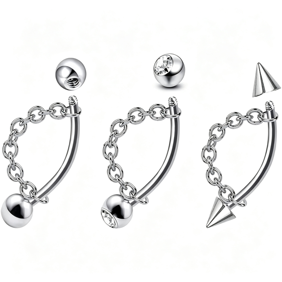 DESIGNICE 3Pcs 316L 16G Lip Rings Snake Bite Jewelry Eyebrow Rings Tragus Helix Rook Piercing Jewelry with Chain,Stainless Steel Cartilage Earrings,Belly Button Ring Vertical Labret Lip Piercing