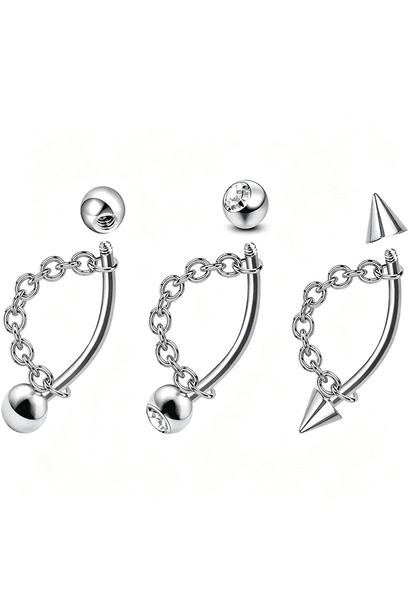 3Pcs 316L 16G Lip Rings Snake Bite Jewelry Eyebrow Rings Tragus Helix Rook Piercing Jewelry with Chain,Stainless Steel Cartilage Earrings,Belly Button Ring Vertical Labret Lip Piercing