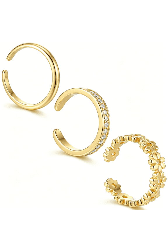 3Pcs Adjustable Toe Rings,Plain Foot Ring,Gold Toe Rings for Women,Dainty Open Band Flower,Cz Diamond Foot Jewelry Set,Summer Beach Trendy