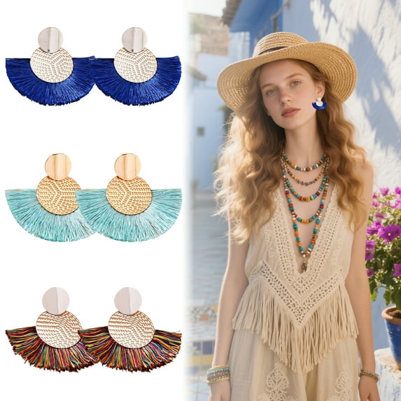 DESIGNICE 3Pcs Boho Earrings,Stud Earrings Fun Earrings for Women,Scalloped Cotton Tassels Earrings for Women Trendy,Style4
