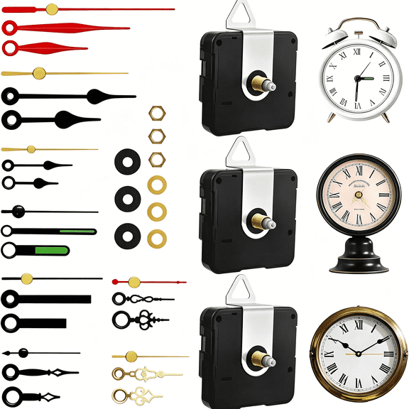 DESIGNICE 3Pcs Clock Mechanism Replacement Kit,Quartz Clock Movement with 8 Pairs Clock Hands,Battery Operated Clock Motor Mechanism for Diy Repair Parts (Total Shaft Length 16/20/23Mm)