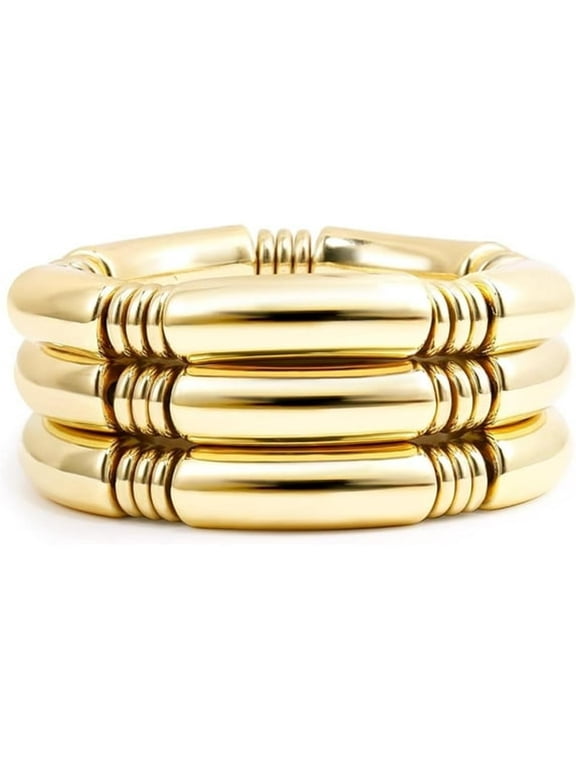 3Pcs Gold Chunky Bangles Bracelets for Women 14K Gold Plated Stack Layered Curved Bamboo Tube Stretch Bracelets Jewelry