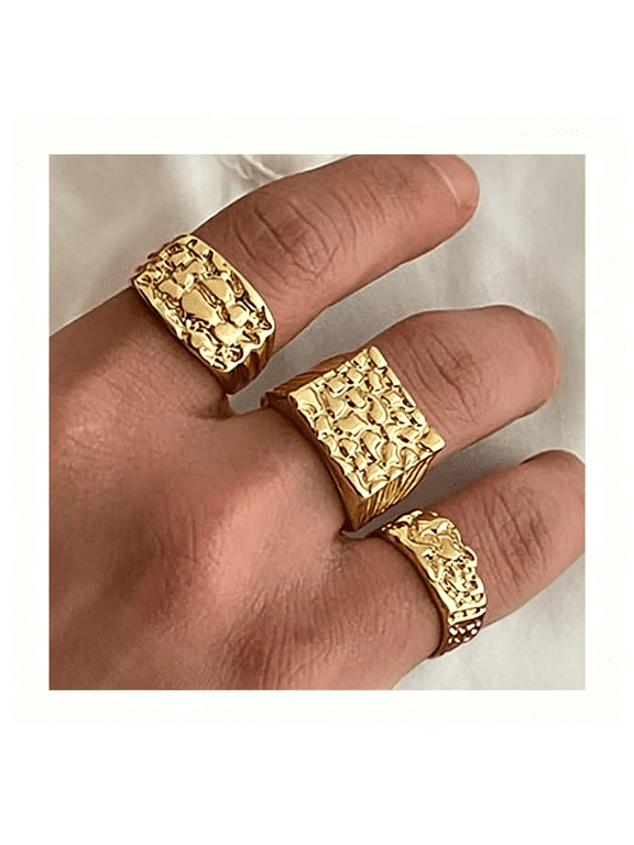 3Pcs Gold Chunky Knuckle Rings for Men,Punk Stackable Finger Rings Set,Hip Hop Harmmered Texture Statement Trendy Simple Jewelry Gold Rings for Men