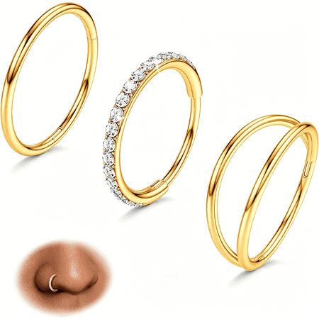 DESIGNICE 3Pcs Nose Rings Hoops-Double Hoop Nose Ring 14/16/18/20G Hinged Cz Piercing Jewelry Septum Clicker Rings Cartilage Earring Helix Rook Tragus Daith 7Mm/8Mm/9Mm/10Mm