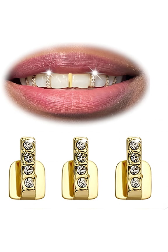 3Pcs Rhinestone Gold Grills for Your Teeth,Gold Tooth Cap Teeth for Women,Golden Tooth Jewelry Mouth Grills Men,Hip Hop Outfits,Custom Accessory Halloween Party