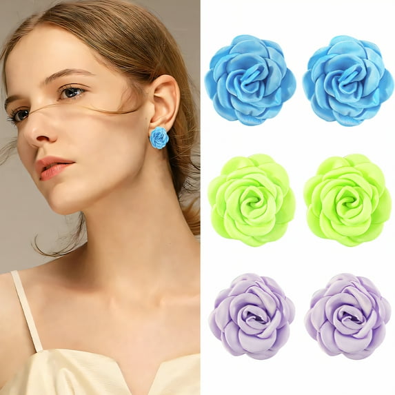 DESIGNICE 3Pcs Summer Earrings,3D Flower Shape Womens Earrings,Skin-Friendly Fabric Material Summer Earrings for Women,Womens Earrings Trendy as Gifts for Besties and Girlfriends,Style3