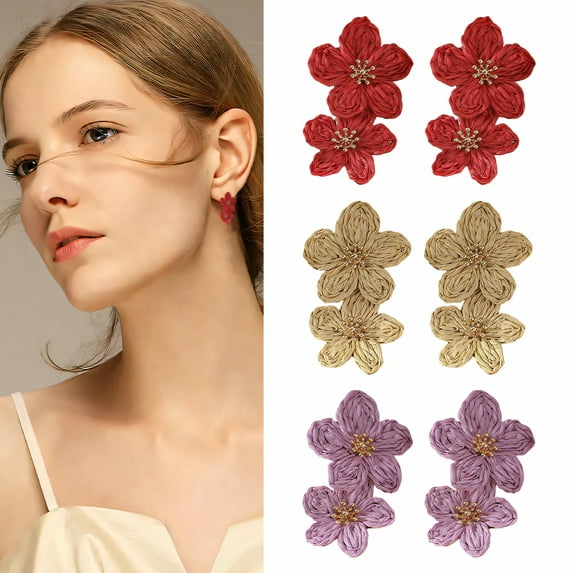 DESIGNICE 3Pcs Summer Earrings,Flower Shape Stud Earrings for Women,Weaving Technology Summer Earrings for Women,Earrings for Women Trendy as Gifts for Besties and Girlfriends,Style3