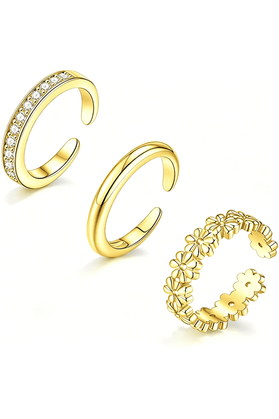 3Pcs Toe Rings for Women Non Tarnish-Adjustable 14K Gold Plated Toe Ring Silver Dainty Open Toe Rings Set Waterproof Summer Beach Foot Jewelry