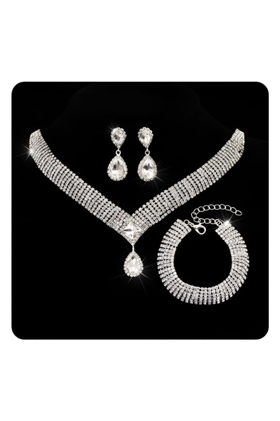3Pcs Women Rhinestone Jewelry Sets for Women Wedding Jewelry Set Rhinestone Earrings Necklace Bracelet For Women Evening Party, Silver
