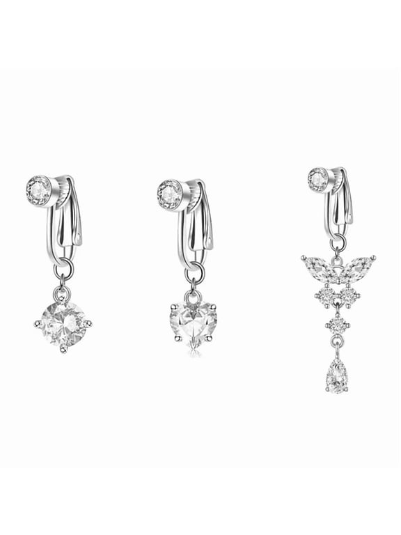 3Pcs Clip-On Non-Piercing Stainless Steel Fake Belly Rings,Women'S Faux Belly Button Piercings,For Casual Wear,Beach,Pool,Summer Parties,Festivals