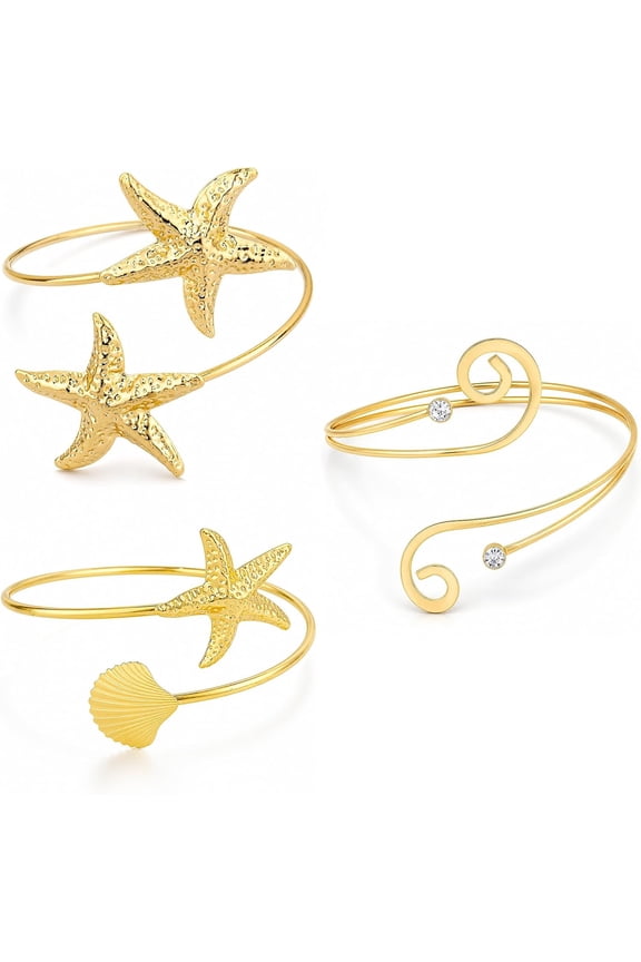 3pcs Gold Boho Arm Cuff Jewelry Set for Women, Adjustable Open Upper Arm Bangle Bracelet with Starfish Shell & Spiral Design Beach Armlet for Summer Vacation