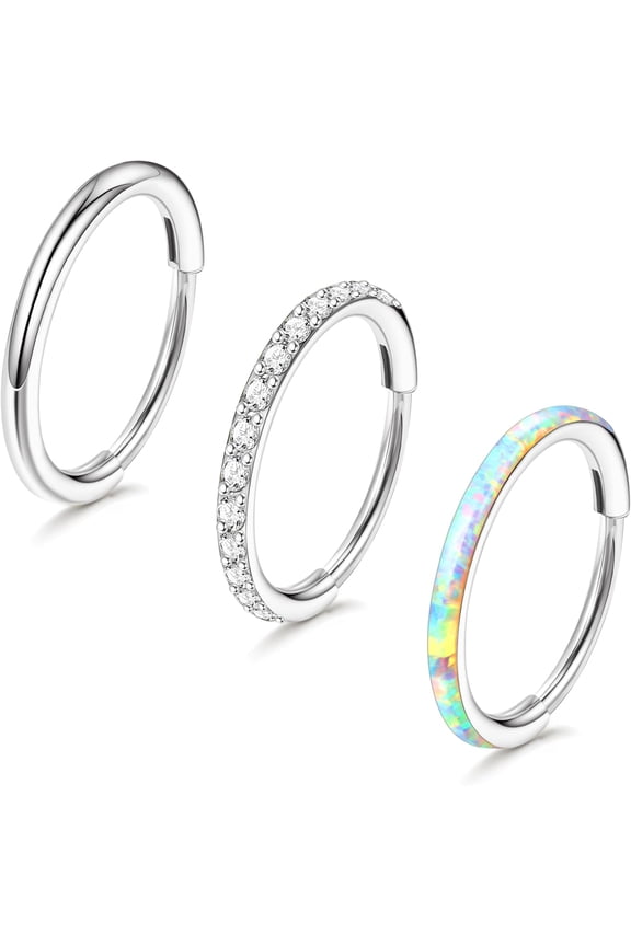 3pcs Nose Rings Hoops - 316L Surgical Steel Hinged Nose Hoops 16G/18G/20G CZ Clicker Septum Nose Ring Lip Helix Earring Daith Rook Conch Body Piercing Jewelry for Women Men 8mm 10mm