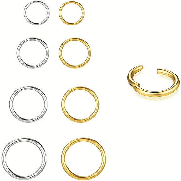 DESIGNICE 4/8Pcs 20/18/16G Nose Rings Hoops Surgical Steel Nose Ring Seamless Hinged Clicker Segment Septum Lip Rings Conch Tragus Cartilage Daith Rook Piercing Jewelry Silver Gold 6/8/10/12mm