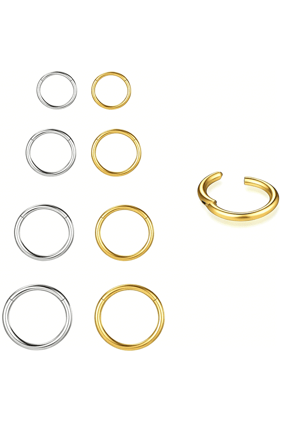 4/8Pcs 20/18/16G Nose Rings Hoops Surgical Steel Nose Ring Seamless Hinged Clicker Segment Septum Lip Rings Conch Tragus Cartilage Daith Rook Piercing Jewelry Silver Gold 6/8/10/12mm