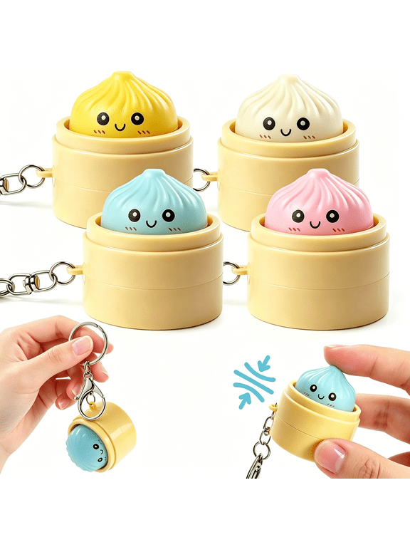 4 Pack Dumpling Keychains, Cute Fidget Clicker Keychain, Funny Faces Dumpling Clicker, Portable Click Fidget Keychain for Kids and Adults