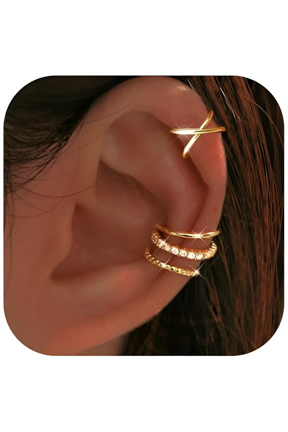 4 Pair Ear Cuffs Non Piercing - 14K Gold Plated Ear Cuff Earrings for Women Cubic Zirconia Clip on Cartilage Conch Earrings for Non Pierced Ears Adjustable Fake Earrings Set for Women