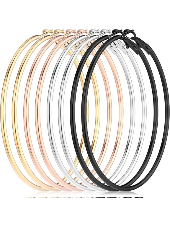 4 Pair Large Thin Gold Hoop Earrings, Stainless Steel Circle Silver Hoop Cartilage Gold Silver Thin Oversize Earrings for Women