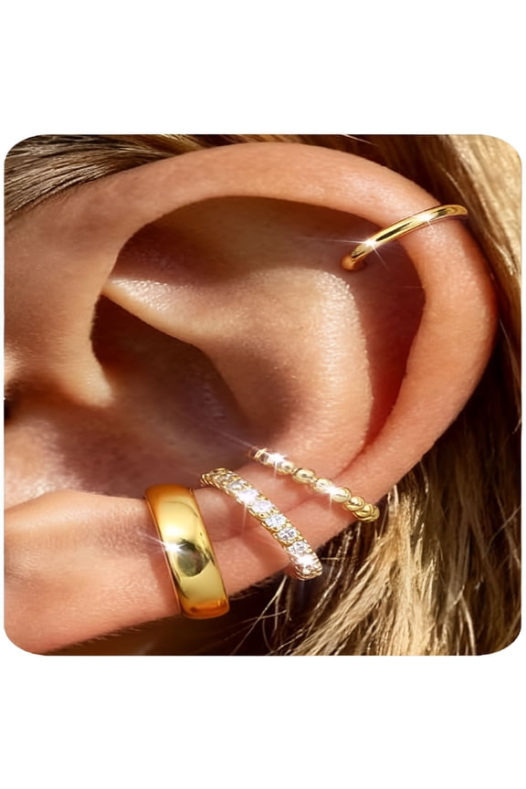 4 Pairs 14K Gold Plated Ear Cuff Earrings for Women Non Piercing-Hypoallergenic Ear Cuffs 14K Silver/Gold Plated Non Tarnish Clip on Cartilage Earrings Fake Earring Set Trendy Jewelry