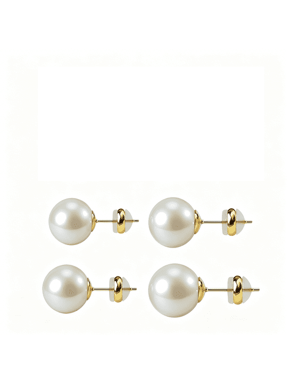 4 Pairs Big Pearl Earrings, 14K Gold Plated Silver Posts Hypoallergenic Round Simulated Large Pearls, 8Mm/10Mm/12Mm/14Mm Stud Earring Set for Women