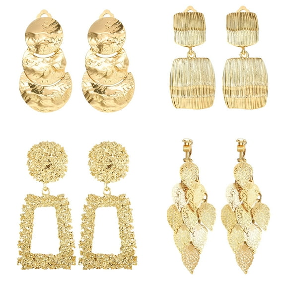 DESIGNICE 4 Pairs Clip on Drop Earrings Set Square Rectangle Golden Metal Geometric Clipon Earrings Non Piercing