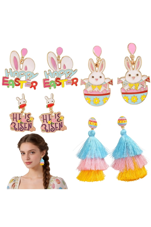 4 Pairs Earring Set,Vibrant and Adorable Easter Earrings,Colorful Tassel & Bunny Element Earrings for Women,Dangling Earrings Jewelry Gift for Easter and Spring Outfits