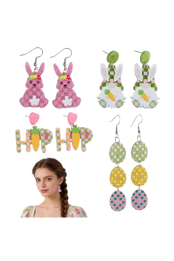4 Pairs Earring Set,Vibrant and Adorable Easter Earrings,Egg Dangle & Bunny Element Earrings for Women,Dangling Earrings Festive Jewelry Gift for Easter and Spring Outfits
