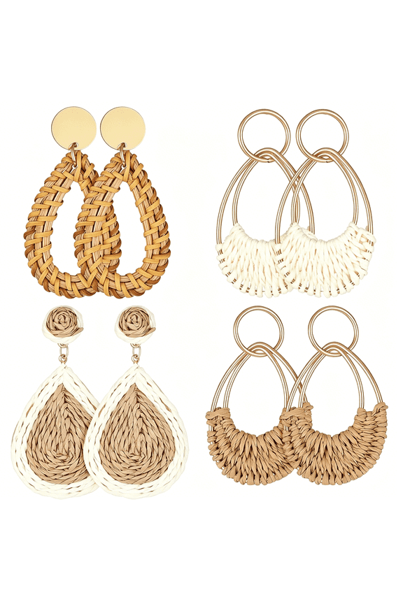 4 Pairs Handmade Raffia Hoop Earrings Set Lightweight Summer Straw Wicker Beach Earrings Fashion Boho Geometric Statement Round Drop Dangle Earrings for Women