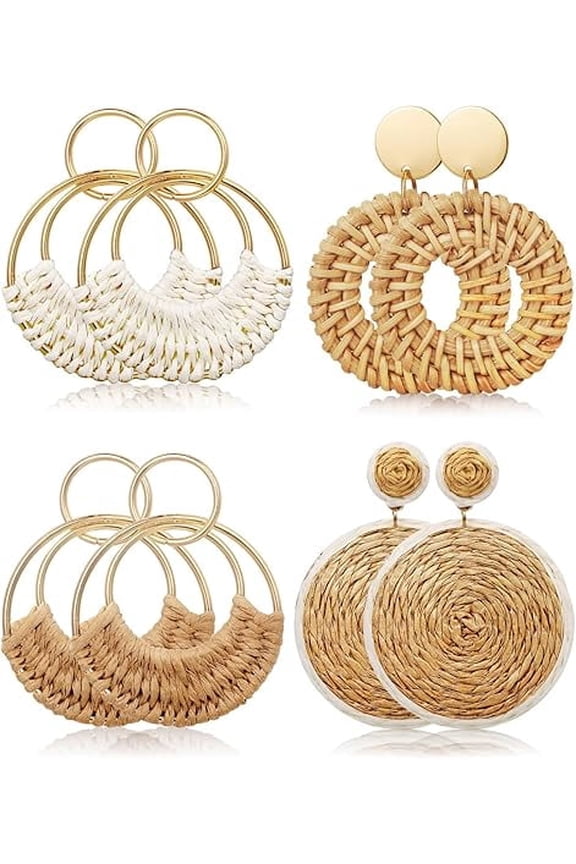 4 Pairs Handmade Raffia Rattan Bohemian Round Drop Dangle Earrings for Women,Boho Statement Cute Fun Hoop Earrings Set,Boho Earrings for Women