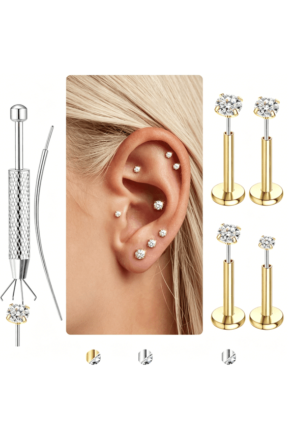 4 Pairs Moissanite Flat Back Earrings Hypoallergenic-Threadless Push in Nose Rings Studs for Women Men 14K Gold Plated Surgical Steel Cartilage Tragus Labret Piercing Jewelry Kit Taper Ball