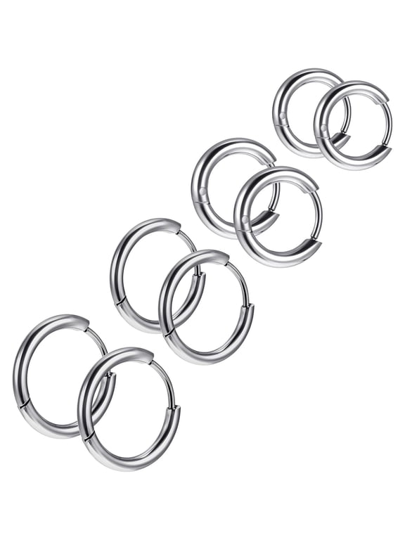 4 Pairs Stainless Steel Huggie Hoop Earrings Silver Small Hoop Earring for Women Men Mini 8Mm 10Mm 12Mm 14Mm Cartilage Helix Lobes Hinged Sleeper Earrings for Multiple Piercings