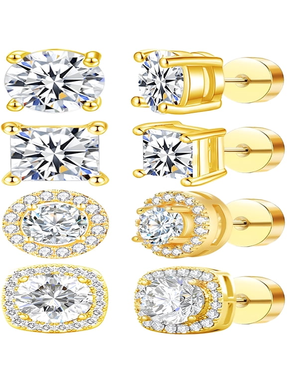 4 Pairs Stainless Steel Stud Earrings for Men Hypoallergenic Flatback Earring Screw Back Silver Gold Studs Inlaid Cubic Zirconia for Women Men