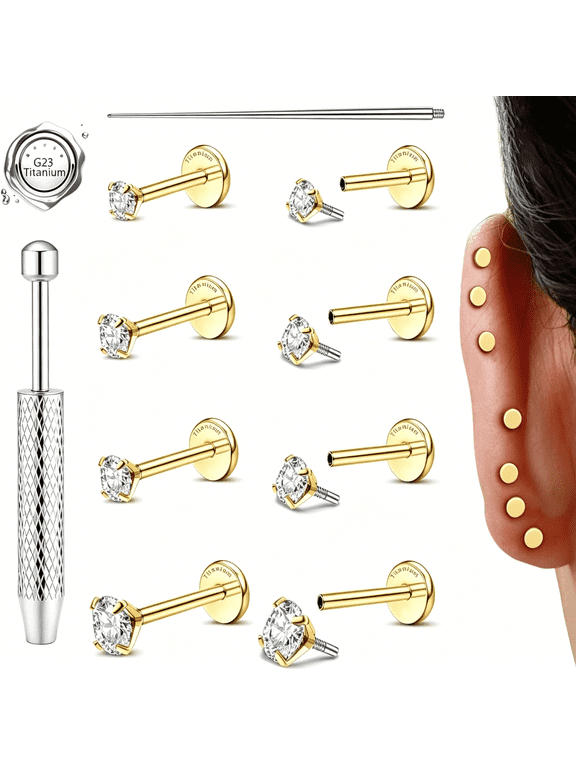 4 Pairs Titanium Flat Back Earring Hypoallergenic Nose Stud Flatback Internally Threaded Tragus Helix Conch Cartilage Lip Piercing Jewelry for Women Men with Ball Grabber Tool Insertion Pin