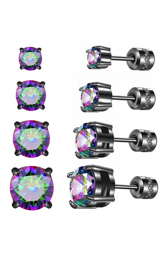 4 Pairs Titanium Hypoallergenic Earrings for Sensitive Ears,Rainbow 5A Cubic Zirconia Screw Back Stud Earrings for Women Men Surgical Stainless Steel Double Side Earrings Piercing