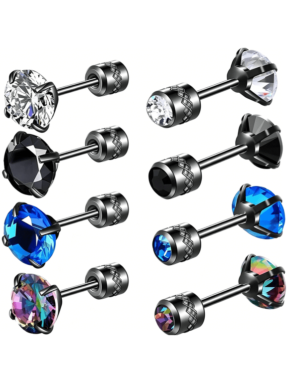 4 Pairs Titanium Screw Back Surgical Stainless Steel Earrings for Women Men,Rainbow 5A Cubic Zirconia Studs Double Side Earrings Piercing Sleeper Jewelry 6Mm