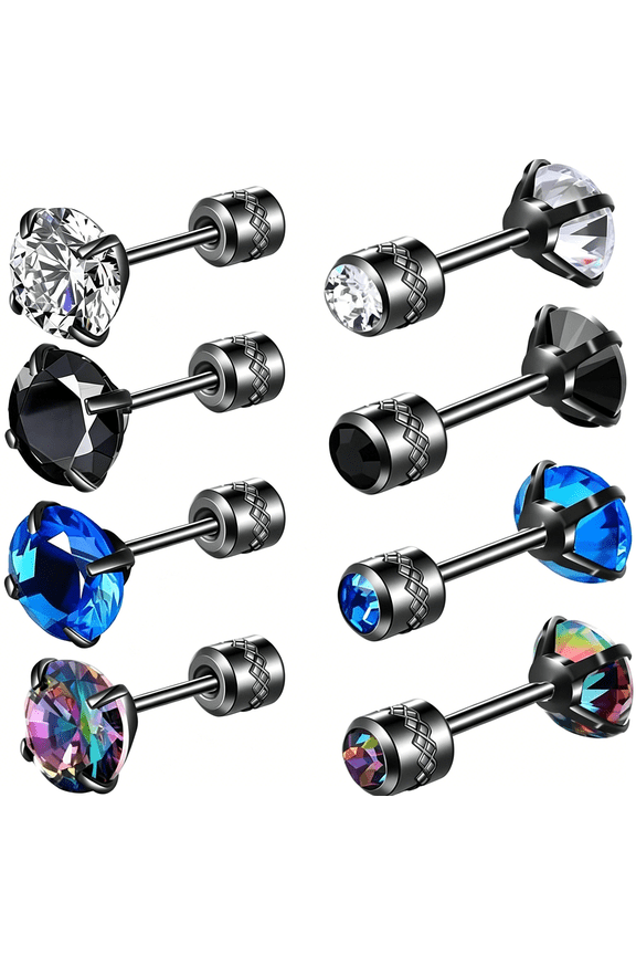 4 Pairs Titanium Screw Back Surgical Stainless Steel Earrings for Women Men,Rainbow 5A Cubic Zirconia Studs Double Side Earrings Piercing Sleeper Jewelry 6Mm