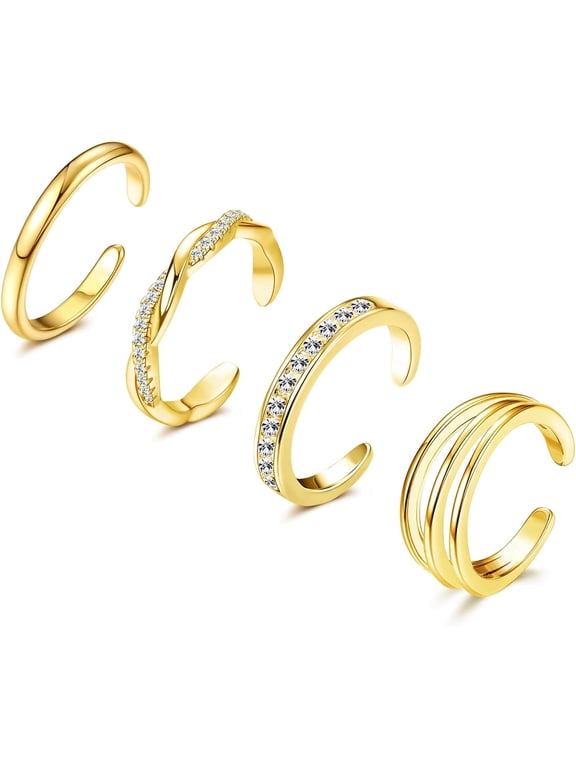 4 Pcs 14K Gold Plated Toe Rings for Women, Adjustable Open