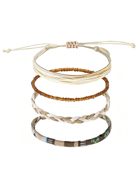 4 Pcs Beach Summer Ankle Bracelets for Women,Adjustable Boho Anklets for Women,Handmade Braided Beaded Summer String Rope Bracelets,Waterproof Surfer Bracelet Boho Jewelry for Women Men