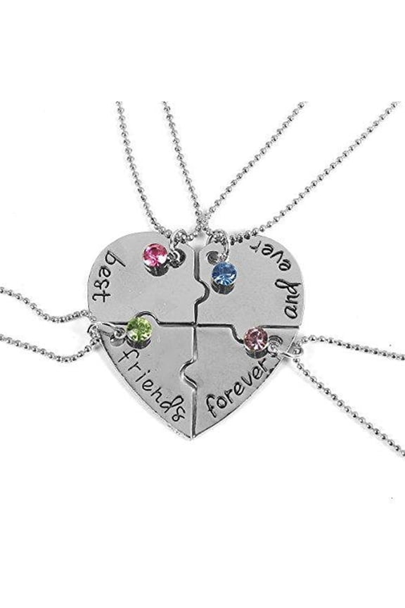 4 Pcs Best Friends Forever and Ever Necklace Engraved Puzzle Friendship 4 Pieces Pendant Necklace Set,Metal Alloy & Rhinestones