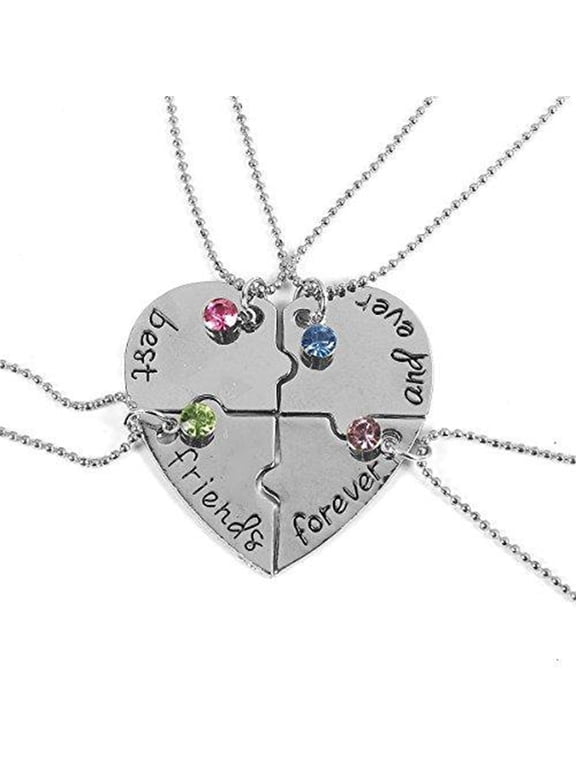 4 Pcs Best Friends Forever and Ever Necklace Engraved Puzzle Friendship 4 Pieces Pendant Necklace Set,Metal Alloy & Rhinestones