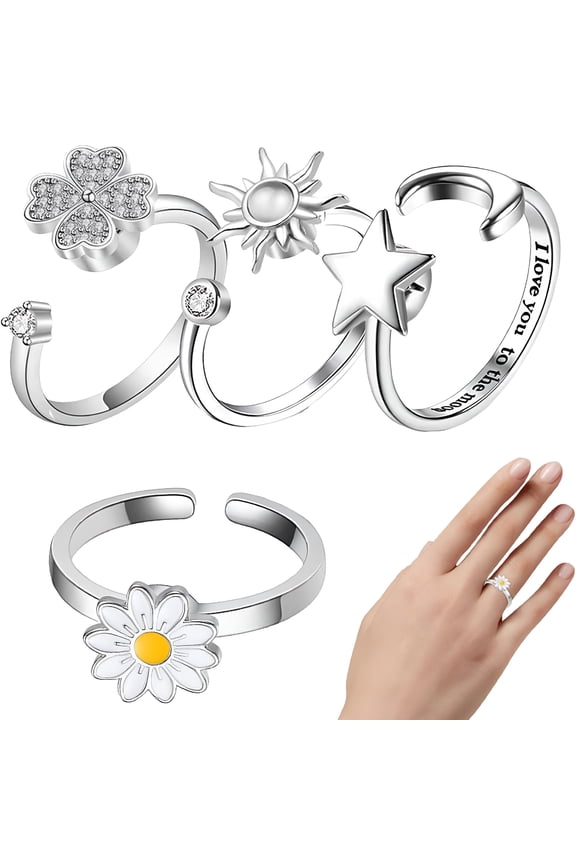 4 Pcs Fidget Rings for Women Adjustable Anxieties Stress Relief Fidget Ring Spinner, Daisy Flower Moon Sun Four Leaf Lucky Ring for Women