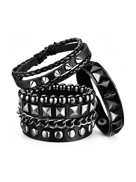 4 Pcs Punk Rock Leather Studded Bracelets for Men Women 80S Gothic Spike Cuff Bracelet Set Emo Accessories for Rocker Outfits Studded Bracelet