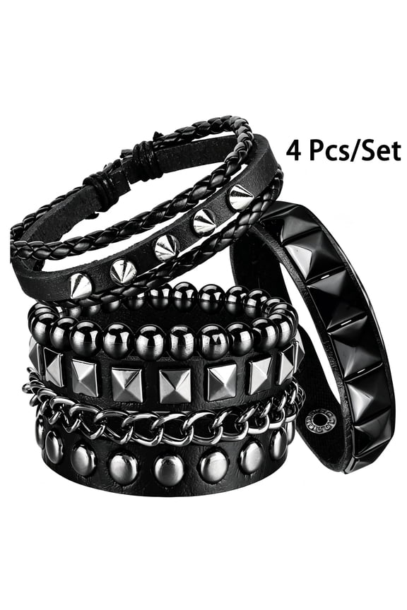 4 Pcs Punk Rock Leather Studded Bracelets for Men Women 80S Gothic Spike Cuff Bracelet Set Emo Accessories for Rocker Outfits