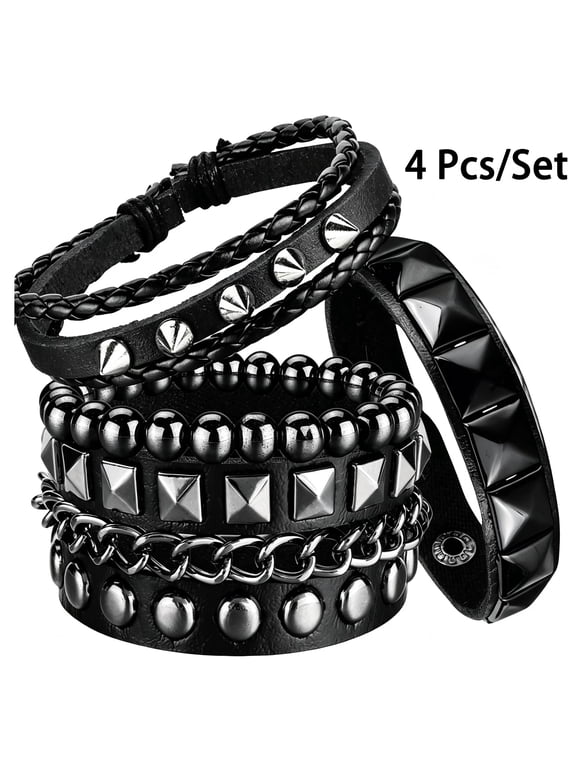4 Pcs Punk Rock Leather Studded Bracelets for Men Women 80S Gothic Spike Cuff Bracelet Set Emo Accessories for Rocker Outfits