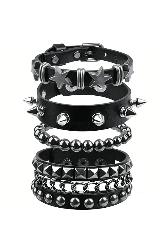 4 Pcs Punk Rock Studded Bracelet Set,Leather Cuff Bracelets for Men Women,Spiked Bracelets and Emo Goth Accessories for 80S Party,Metal Spike Bracelet Set for Rock Concert Costumes